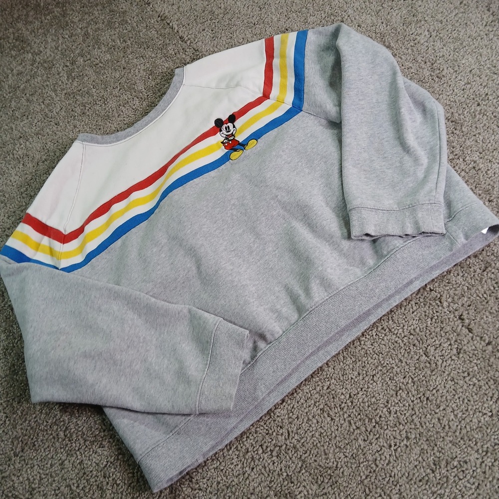 Disney Mickey Mouse Rainbow Stripe Raglan Sweatshirt Gray White Pullover